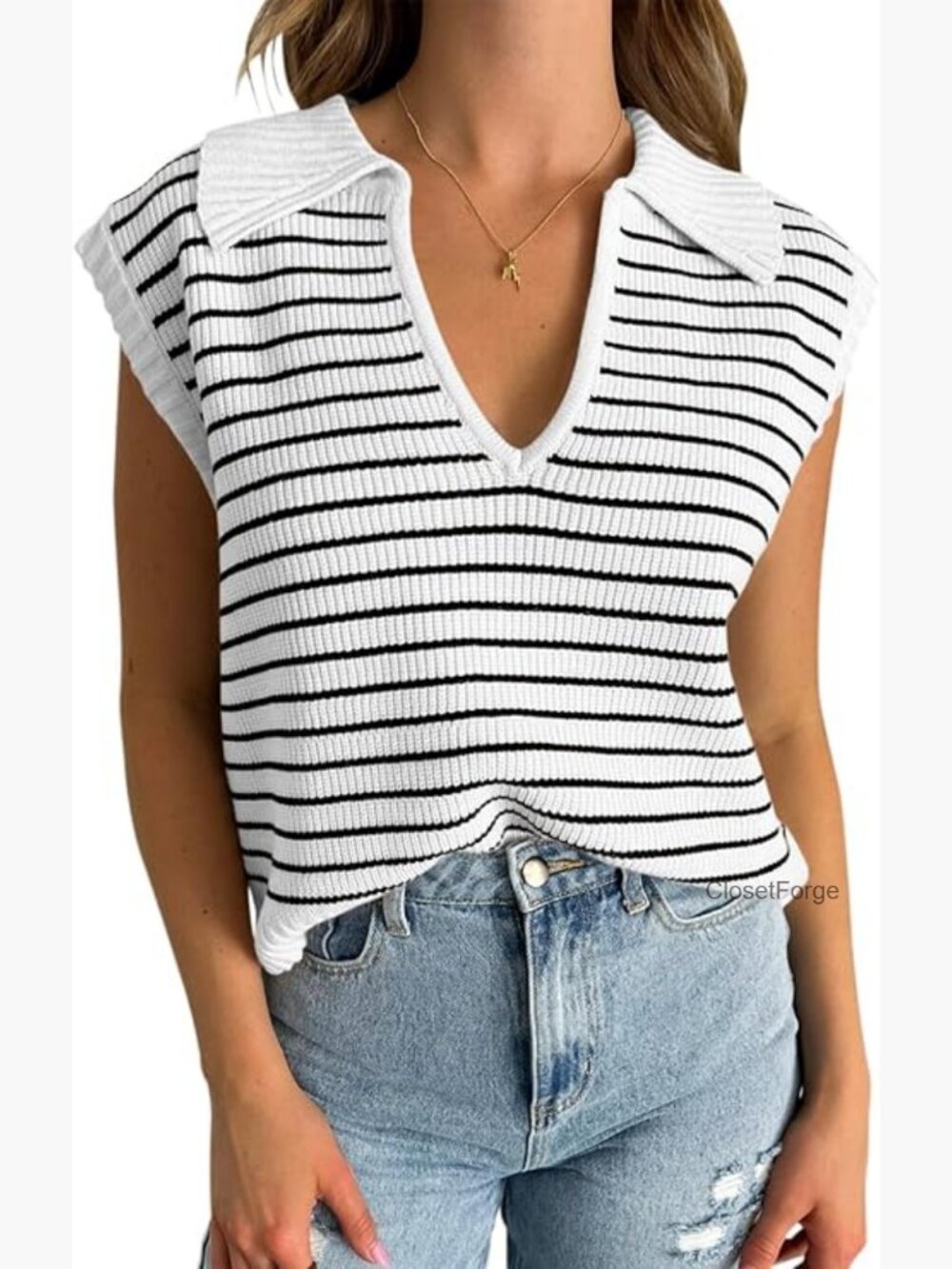 Women's Sleeveless V-Neck Knit Sweater Vest Tank Top Loose Fit